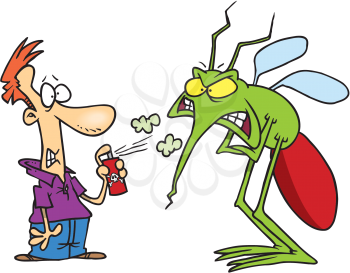Royalty Free Clipart Image of a Man Spraying Repellent on a Big Insect