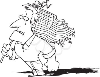 Royalty Free Clipart Image of a Patriotic American With a Tattered Flag