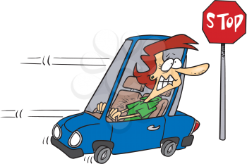 Royalty Free Clipart Image of a Woman Driving in Reverse Towards a Stop Sign