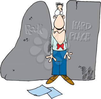 Royalty Free Clipart Image of a Man Caught Between a Rock and a Hard Place