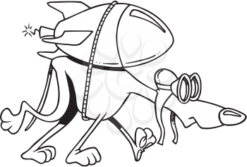 Royalty Free Clipart Image of a Hound With a Rocket Strapped to its Back