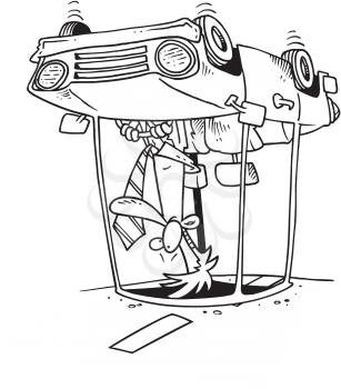 Royalty Free Clipart Image of a Man in an Upside Down Car