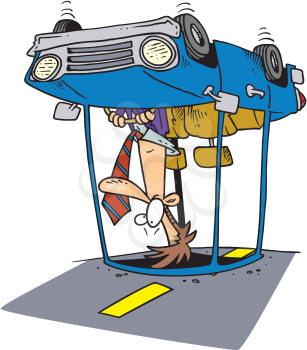 Royalty Free Clipart Image of a Man in a Flipped Car