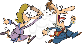 Royalty Free Clipart Image of a Woman Chasing a Man With a Rolling Pin