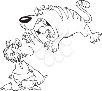 Royalty Free Clipart Image of a Sabre Tooth Tiger and a Caveman