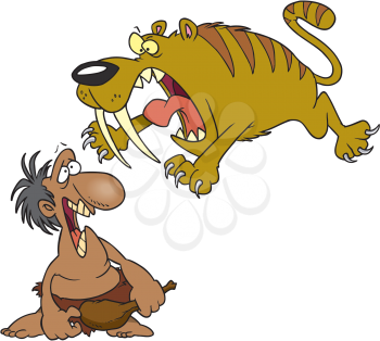 Royalty Free Clipart Image of a Sabre Tooth Tiger and a Caveman