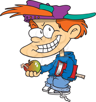 Royalty Free Clipart Image of a Boy Holding a Wormy Apple