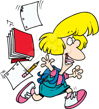 Royalty Free Clipart Image of a Little Girl Throwing Schoolbooks