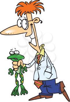 Royalty Free Clipart Image of a Scientist Holding a Frog