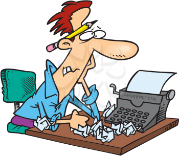 Royalty Free Clipart Image of a Guy With Writer's Block Sitting at a Typewriter