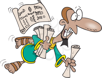 Royalty Free Clipart Image of an Egyptian Dropping Scrolls