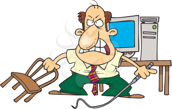 Royalty Free Clipart Image of a Man With a Chair and Whip in Front of a Computer