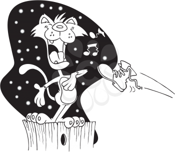 Royalty Free Clipart Image of a Cat Singing and a Boot Being Thrown