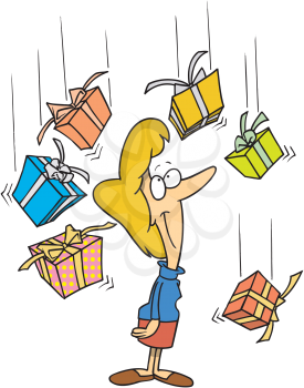 Royalty Free Clipart Image of a Woman Being Showered With Presents