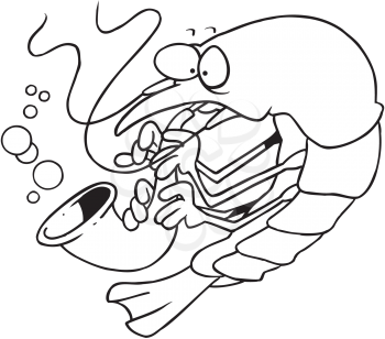 Royalty Free Clipart Image of a Shrimp Playing a Horn
