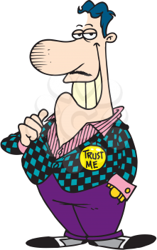Royalty Free Clipart Image of a Man With a Trust Me Button