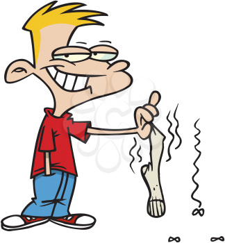 Royalty Free Clipart Image of a Boy With a Smelly Sock