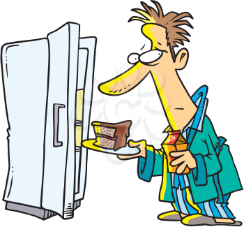 Royalty Free Clipart Image of a Man Getting Cake Out of the Refrigerator at Night
