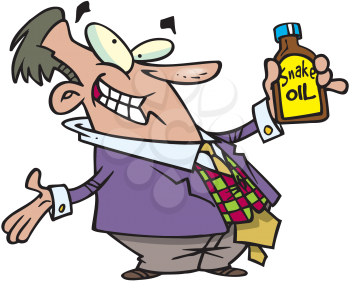 Royalty Free Clipart Image of a Man Selling Snake Oil