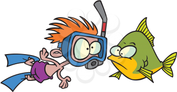 Royalty Free Clipart Image of a Snorkeller and a Fish