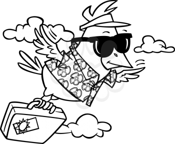 Royalty Free Clipart Image of a Vacationing Bird Flying with a Suitcase