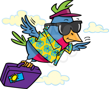 Royalty Free Clipart Image of a Vacationing Bird Flying with a Suitcase
