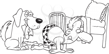 Royalty Free Clipart Image of a Man Looking for the Sock His Dog is Holding, 