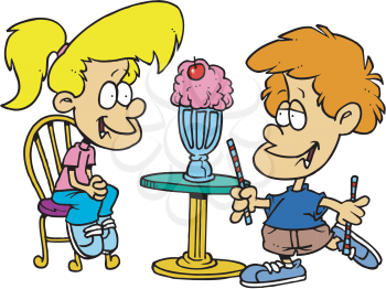 Royalty Free Clipart Image of Children Sharing an Ice-Cream Soda