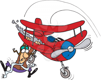 Royalty Free Clipart Image of a Man Hanging From a Plane
