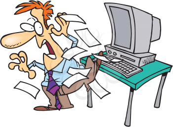 Royalty Free Clipart Image of a Frightened Man at a Computer