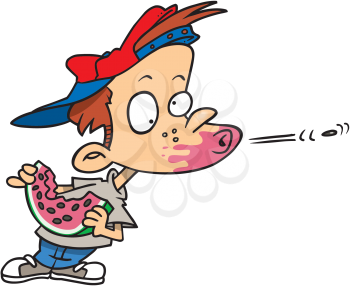 Royalty Free Clipart Image of a Boy Spitting Out a Watermelon Seed