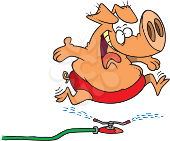 Royalty Free Clipart Image of a Pig Jumping Over a Sprinkler