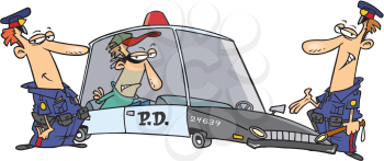 Royalty Free Clipart Image of Two Police Officers With a Prisoner in the Back of a Squad Car