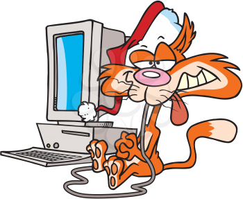 Royalty Free Clipart Image of a Cat Eating a Computer Mouse