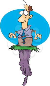 Royalty Free Clipart Image of a Man Stranded on a Patch of Grass at the Edge of a Cliff