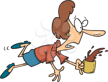Royalty Free Clipart Image of a Woman Stumbling With Coffee