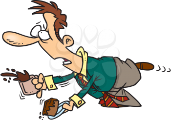 Royalty Free Clipart Image of a Man Stumbling While Carrying a Mug of Coffee and a Piece of Cake