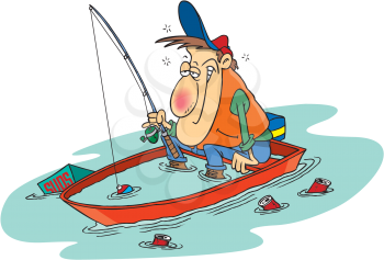 Royalty Free Clipart Image of a Drunk Angler in a Sinking Boat