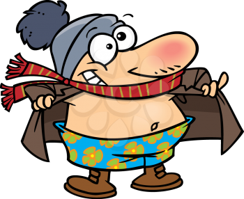 Royalty Free Clipart Image of a
Man Wearing a Bathing Suit with a Winter Coat and Hat