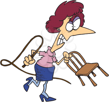 Royalty Free Clipart Image of a Woman With a Chair and a Whip