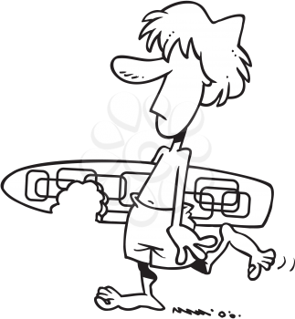 Royalty Free Clipart Image of a Surfer Dude With a Chunk Out of His Board
