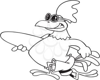 Royalty Free Clipart Image of a Rooster With a Surfboard