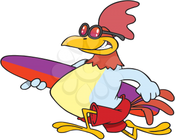Royalty Free Clipart Image of a Rooster With a Surfboard