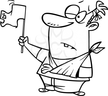 Royalty Free Clipart Image of a
Bruised and Battered Man Holding a White Flag