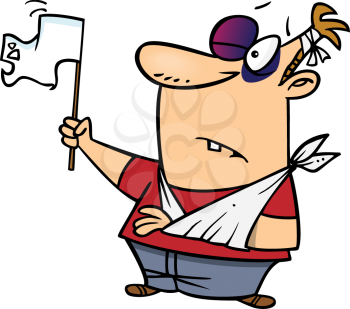 Royalty Free Clipart Image of a
Bruised and Battered Man Holding a White Flag