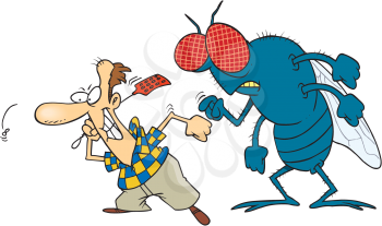 Royalty Free Clipart Image of a Man With a Flyswatter and a Giant Fly