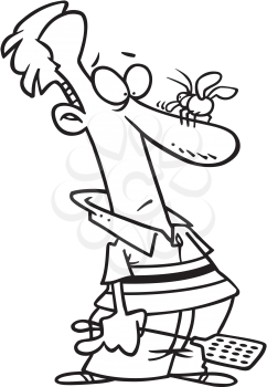 Royalty Free Clipart Image of a Man Holding a Flyswatter With a Bug on His Nose