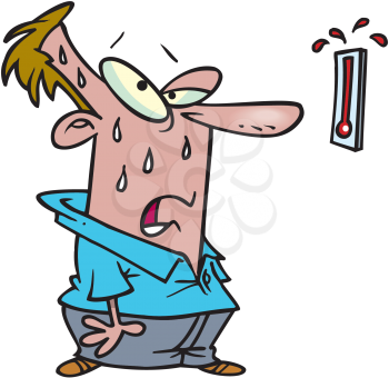 Royalty Free Clipart Image of a Sweating Man Looking at a Thermometer