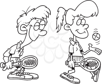 Royalty Free Clipart Image of a Girl and Infatuated Boy Playing Tennis