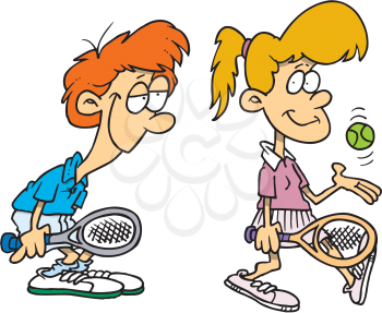 Royalty Free Clipart Image of a Girl and Infatuated Boy Playing Tennis